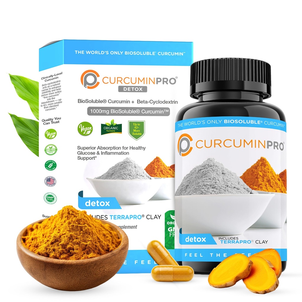 curcuminpro Detox Kapseln | Organic Turmeric Supplement mit BioSoluble BCD & Natural Bentonite Clay | Hohe Absorption Vegan Curcumin Blend für Gut und Herz Wellness | 60 Zähler