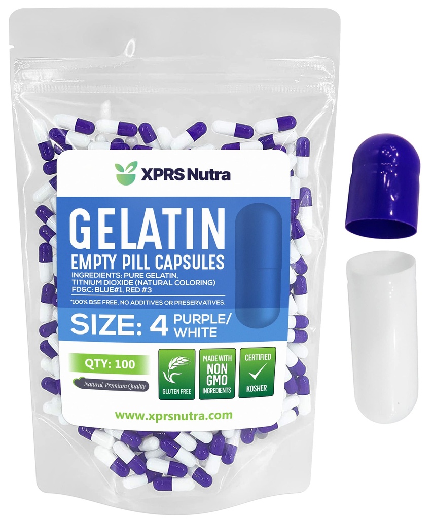 XPRS Nutra Größe 4 Leere Kapseln - 100 Count Small Leere Gelatin Kapseln - Pillen DIY Kapsel Füllung - Fillable Pure Bovine Pill Gel Kapseln für Do-It-Yourself Ergänzungen (Purple/White)