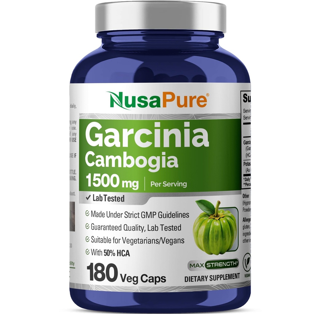 NusaPure Garcinia Cambogia 180 Capsules de Veggie 1500mg (Végétarien, Non-OGM, Vegan)