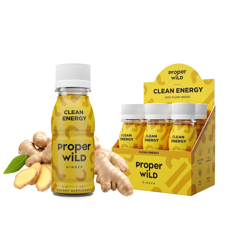 Proper Wild Vegan Energy Shots, mit L Theanine, und Bio Koffein, Clean Plant Based Energy Drink, Gluten Free, GMO Free, Dairy Free, Stevia Free, Soy Free, Ginger, 2.5 Fl Oz, 6 Pack