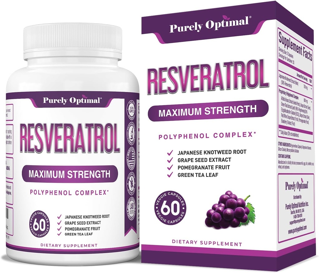 Purely Optimale Resveratrol Ergänzung 1500mg – Trans-Resveratrol aus japanischem Knotweed, Polyphenol-Komplex – unterstützt Graceful Aging, Vitalität, kognitive & Hautgesundheit – 60 Vegan Kapseln