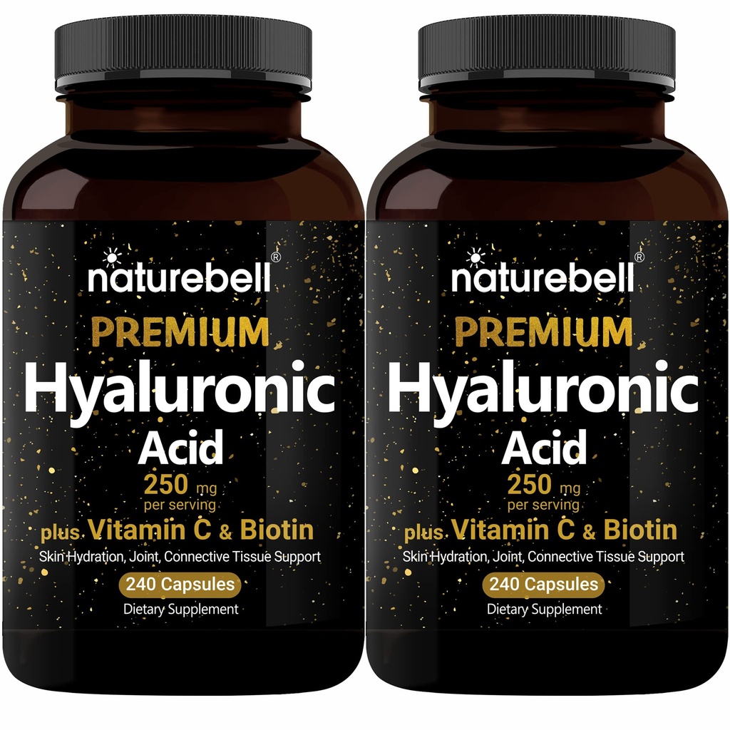 NatureBell 2 Pack de suppléments à base d'acide hyaluronique à base de plantes 250mg avec 25mg Vitamine C & Biotin 5000mcg, 480 Capsules Totales.