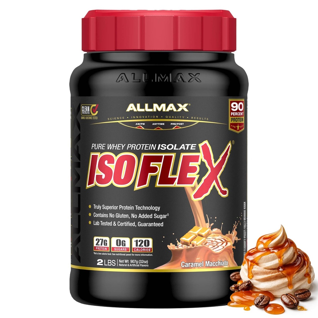 ALLMAX Ernährung ISOFLEX Whey Protein Isolate, Caramel Macchiato - 2 lb - 27 Gramm Protein Per Scoop - Zero Fat & Sugar - 99% Lactose Free - Gluten Free & Soy Free - Ungefähr 30 Portionen