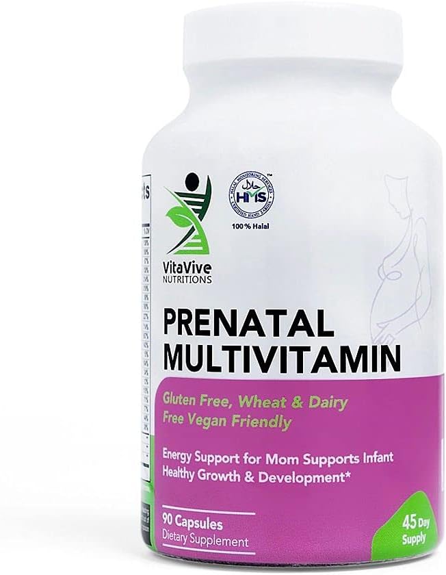 Multivitamines prénatales – 90 capsules – Vitamines et minéraux pour soutenir maman et le bébé – Calcium, Fer, Vitamine C, Iodine et plus - Vegan, Halal - Gluten, Blé, Sans lait