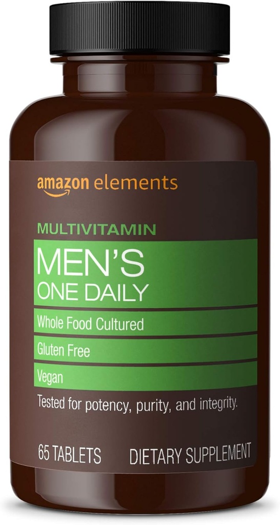 Amazon Elements Men’s One Daily Multivitamin, 62% Ganze Lebensmittel kultiviert, Vegan, 65 Tabletten, 2 Monat Versorgung (Verpackung kann variieren)