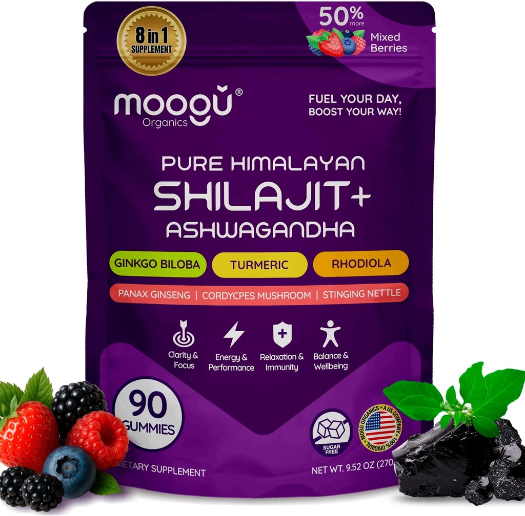 18,000mg Pure Himalayan Shilajit (90 Gummies) Ashwagandha, 75% Acid Fulvic & 85+ Trace Minerals I Hommes, Femmes I Panax Ginseng, Rhodiola, Turmeric, Gingko Biloba, Cordyceps, Sting Nettle.