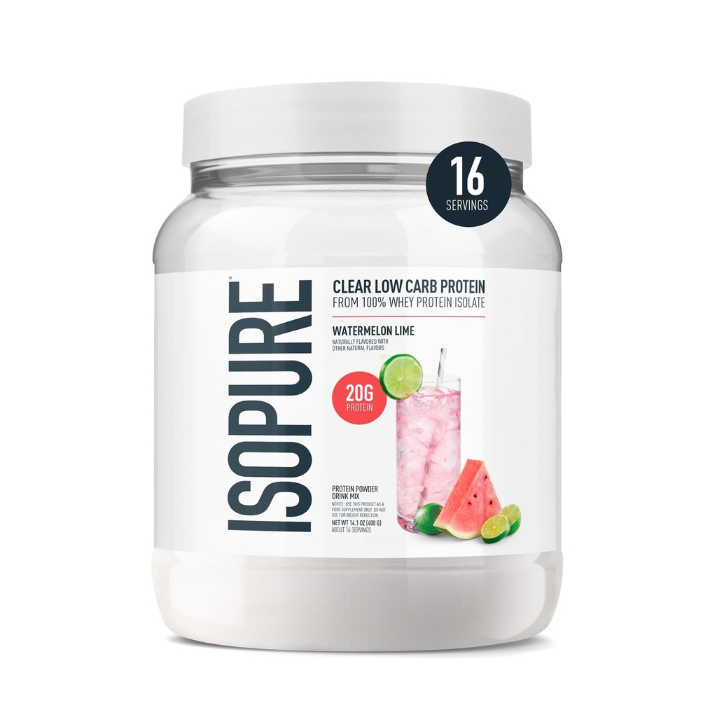 Isopure klare Whey Isolate Protein Pulver, Lactosefrei, Glutenfrei, Natürlich aromatisiert, Wassermelone Lime, 20g Protein Per Serving, 14.1 Oz, 16 Servierungen (Verpackung Mai Vary)