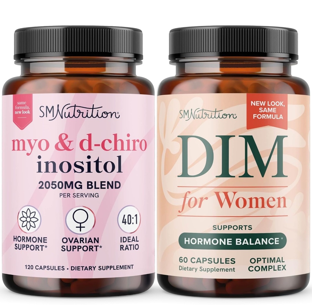 SMNutrition Women's DIM Supplement & Myo-Inositol & D-Chiro Inositol | Hormon Balance Bundle mit 40:1 Ratio (30 Servierungen) und 250mg DIM Ergänzung für Frauen Complex (60 Servietten)