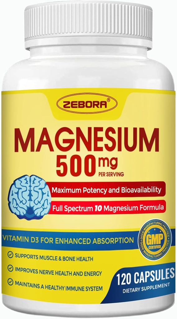 Magnesium Complex Supplement, 500 mg Magnesium Glycinat mit Citrat & Malat, Chelat Form für hohe Absorption mit Zink & Vitamin D3 für Nerve, Muskel & Knochen Unterstützung, 115 Kapseln
