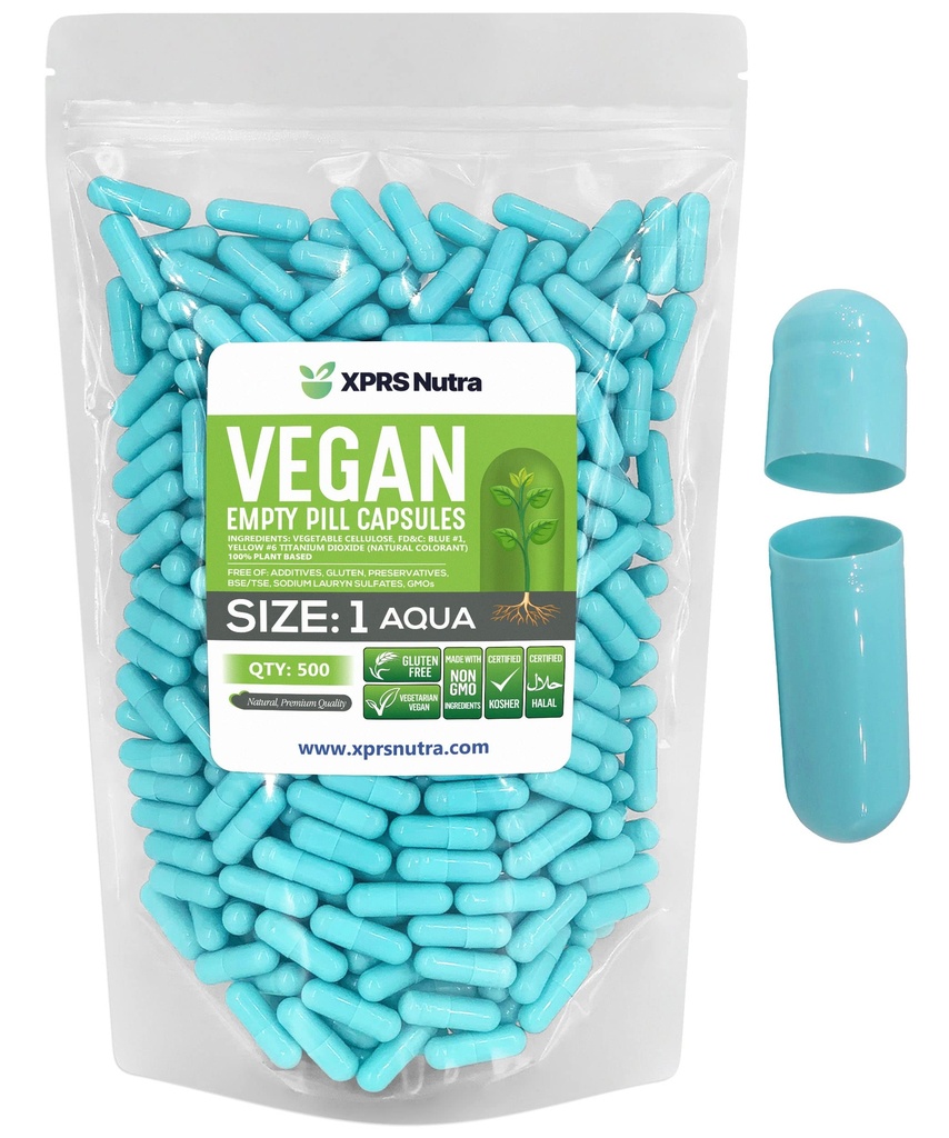 XPRS Nutra Taille 1 Capsules vides - 500 Compte Capsules vides de végétalien - Pilules végétariennes Bricolage Gélule végétale Remplissage- Bouchons de pilules pour les suppléments Do-It-Youlf (Aqua)