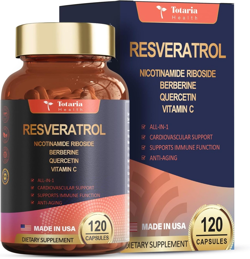 Supplément resvératrol Extra Strength avec Berberine Quercetin Green Tea Extract Grape Extract Polyphénol Antioxydant Supplément Antioxydant et Heart Health Support 120 Capsules
