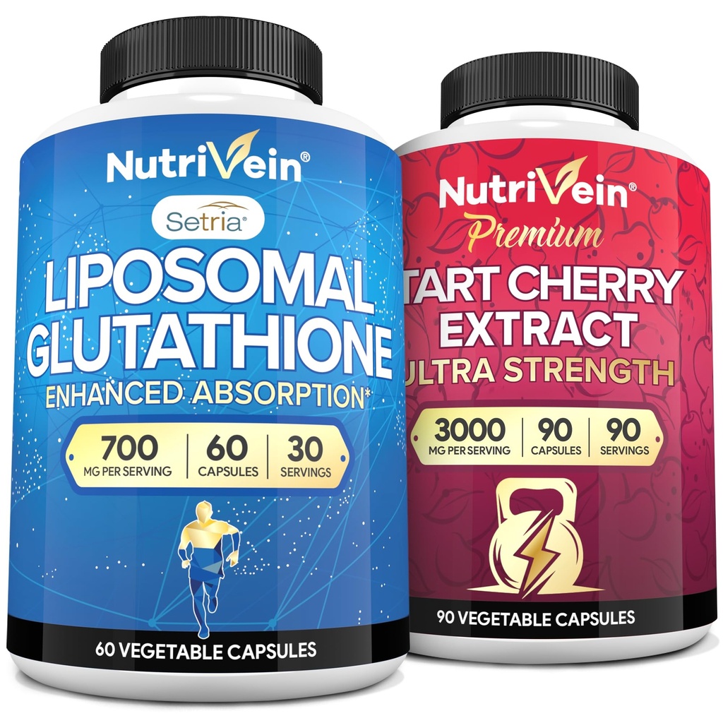 Nutrivein Premium Liposomal Glutathione Ergänzung & Tart Kirsch Kapseln Bundle: High-Absorption Glutathione Liposomal Ergänzung & Tart Kirsch Extrakt Kapseln für Detox, Erholung, & Verteidigung