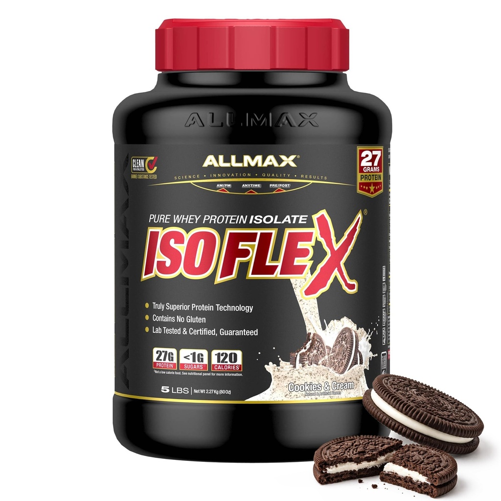 ALLMAX Nutrition - ISOFLEX Whey Protein Powder, Whey Protein Isolate, 27g Protein, Cookies & Cream, 5 Pfund