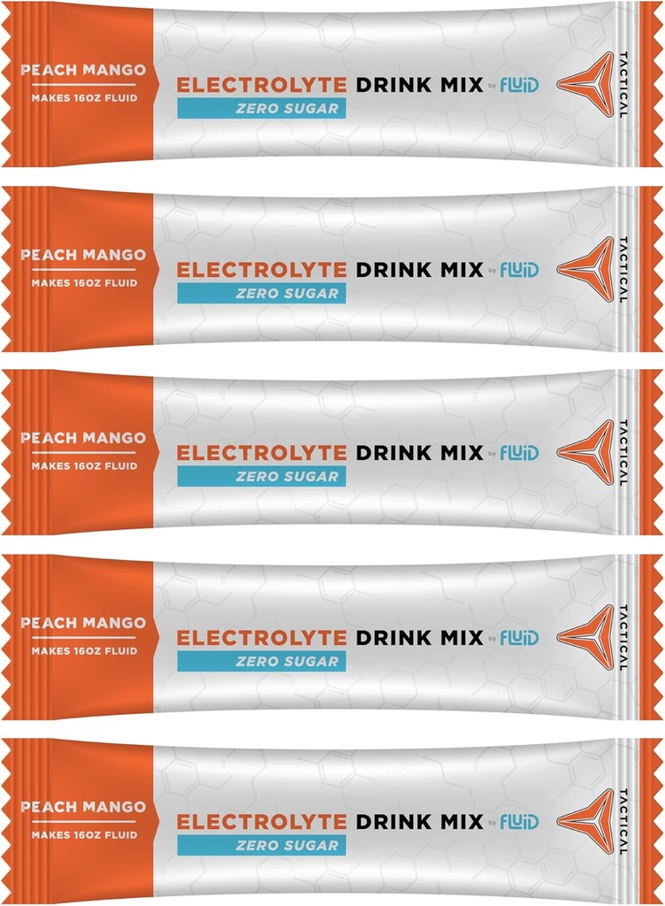 Fluid Tactical - Zéro Sucre, Poudre d'électrolyte Keto, Packs d'hydratation, Fabriqué aux États-Unis (Peach Mango, 25 comtes)