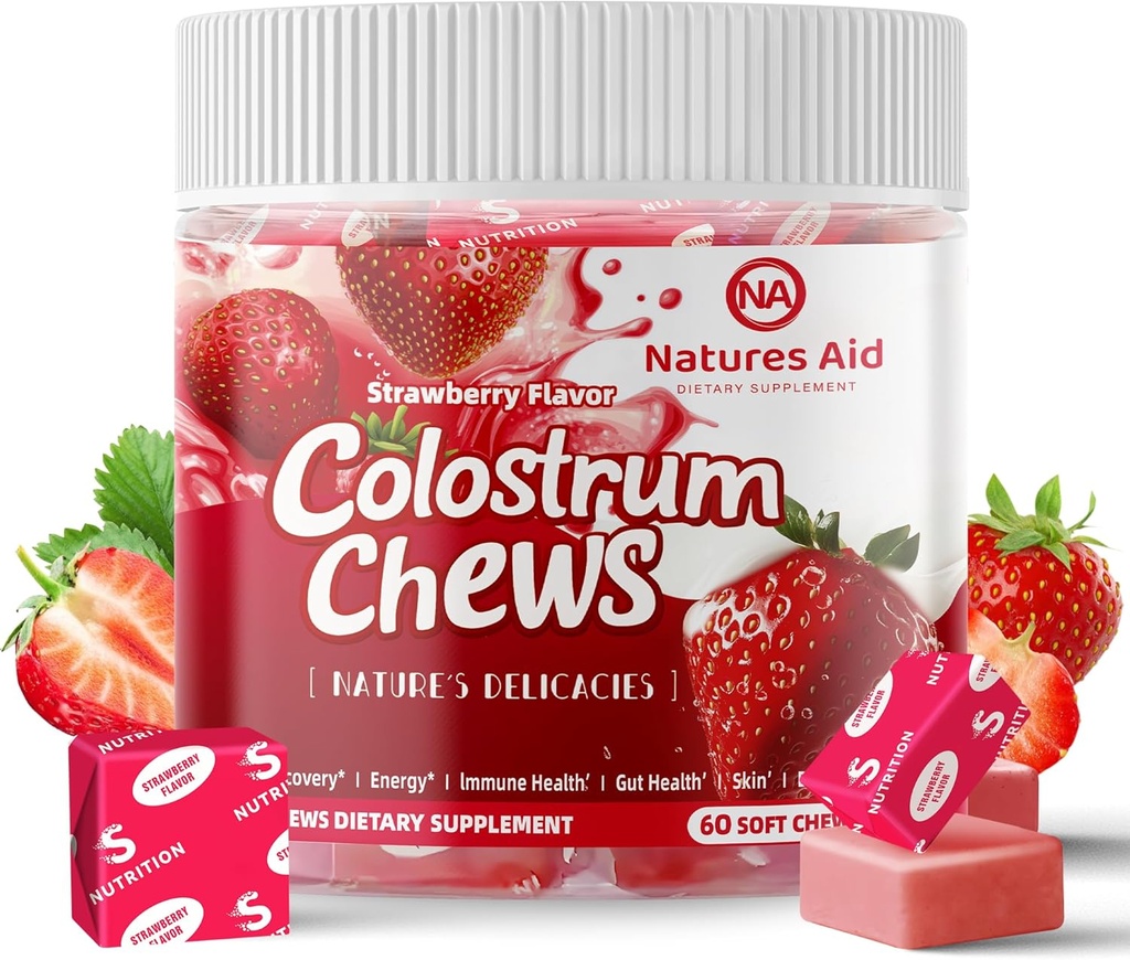 Colostrum Chews Supplement mit Probiotika für Gut Health, Bloating, Immununterstützung, Haut, Haarwachstum und Schönheit - Erdbeeren Flavor (60 Servietten)