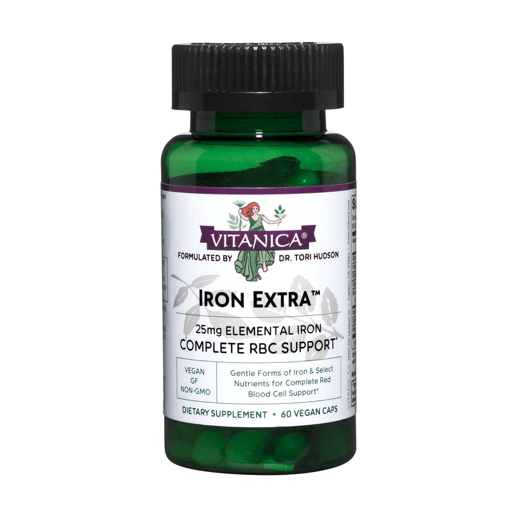 Vitanica Eisen Extra, Eisenergänzung Enhanced Absorption mit Vitamin C 500mg, Methylfolate 400mcg, B12 Vitamin 500mcg, Calcium, Gelbe Dock, Dandelion Root & Nettle Leaf Extract, Vegan, 60 Kapseln