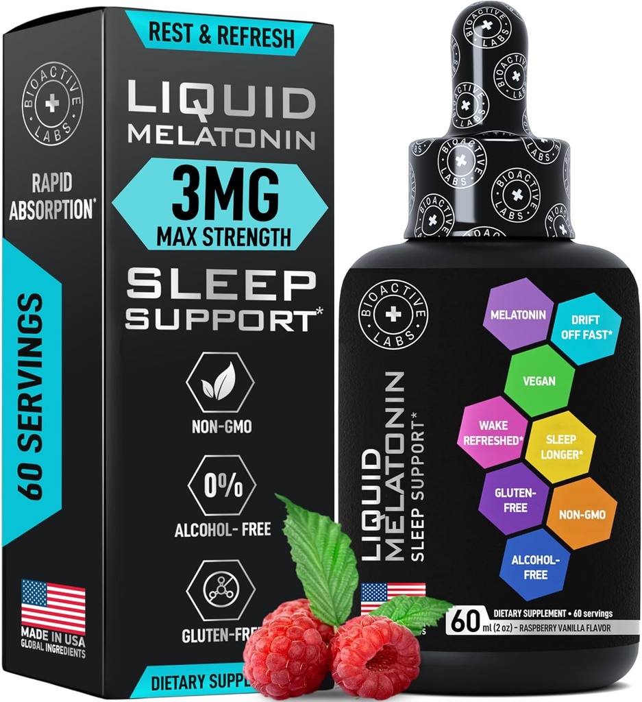 Flüssiges Melatonin für Erwachsene und Kinder - 3mg Extra Strength Sublingual Liquid Melatonin für Kinder und Erwachsene - Schlafen Sie schnelle Liposomale Tropfen - Natürliche Raspberry Flavor Schlafhilfe - 60ml