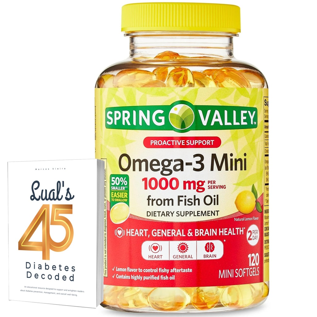 Spring Valley Omega-3 Mini von Fish Oil 1000 mg, 120 Count, Nahrungsergänzung, Omega 3 Mini Softgels Bundle mit Lualls 45 Diabetes Decodiert