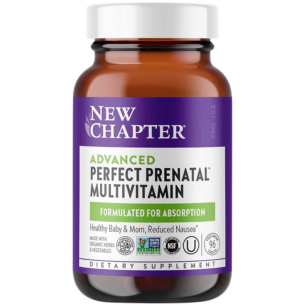 Nouveau chapitre Vitamines prénatales parfaites - 96ct, Vitamines prénatales organiques, ingrédients non OGM pour bébé et maman en santé - Folate (méthylfolate), fer, vitamine D3, fermenté avec des aliments entiers et probiotiques