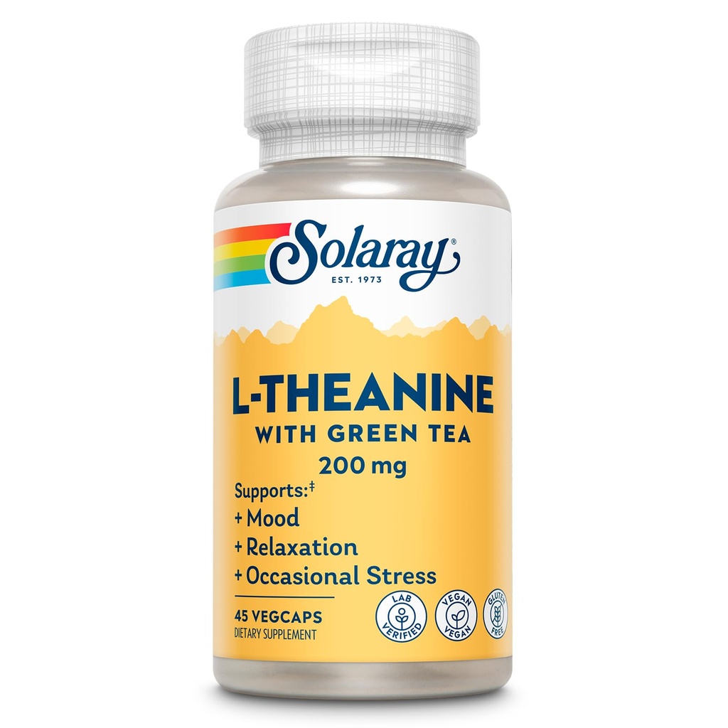 SOLARAY L-Theanine 200mg mit grünem Tee - Gesunde Stimmung, Entspannung und okzifische Stressunterstützung - Lab Verified, Vegan, Glutenfrei - 45 Servierungen, 45 VegCaps