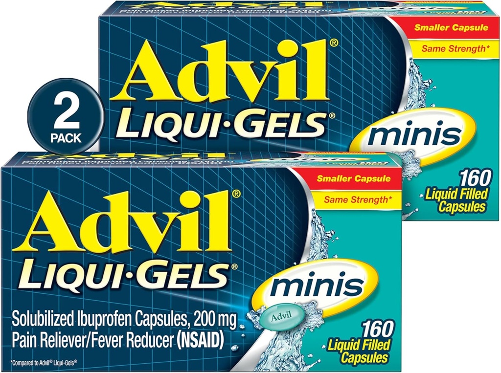Advil Liqui-Gels minis anti-douleur et réducteur de fièvre, anti-douleur pour adultes avec Ibuprofen 200mg pour soulager la douleur - 2x160 Capsules remplies de liquide