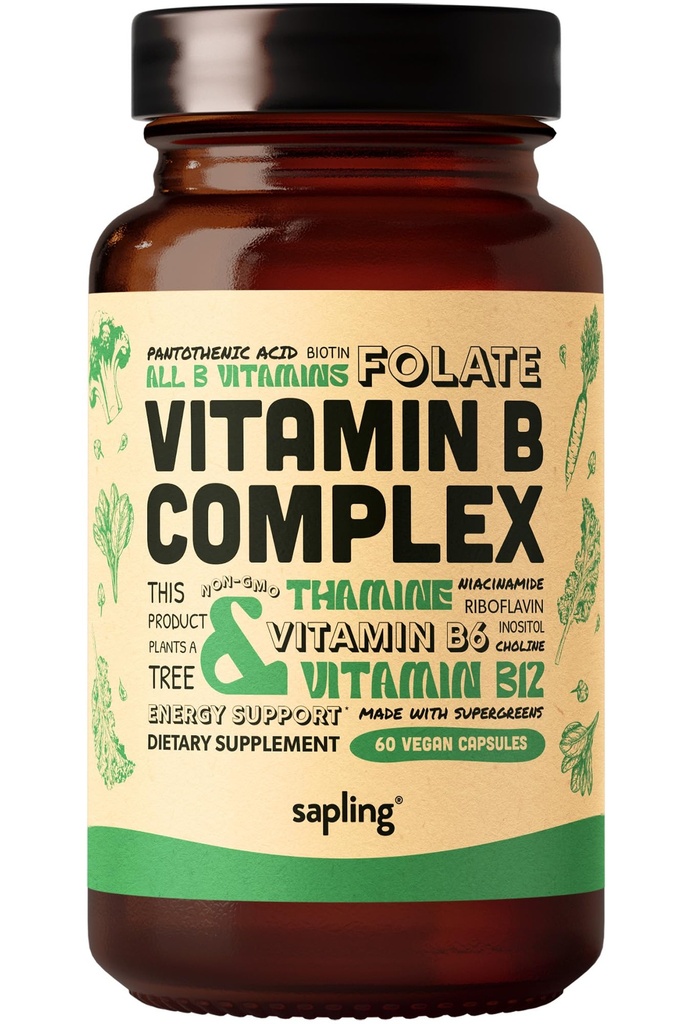 sapling Vegan Vitamin B Complex - Ganze Nahrungsmischung mit essentiellen B Vitaminen B1, B2, B3, B5, B6, B7, Folate, B12-60 Caps