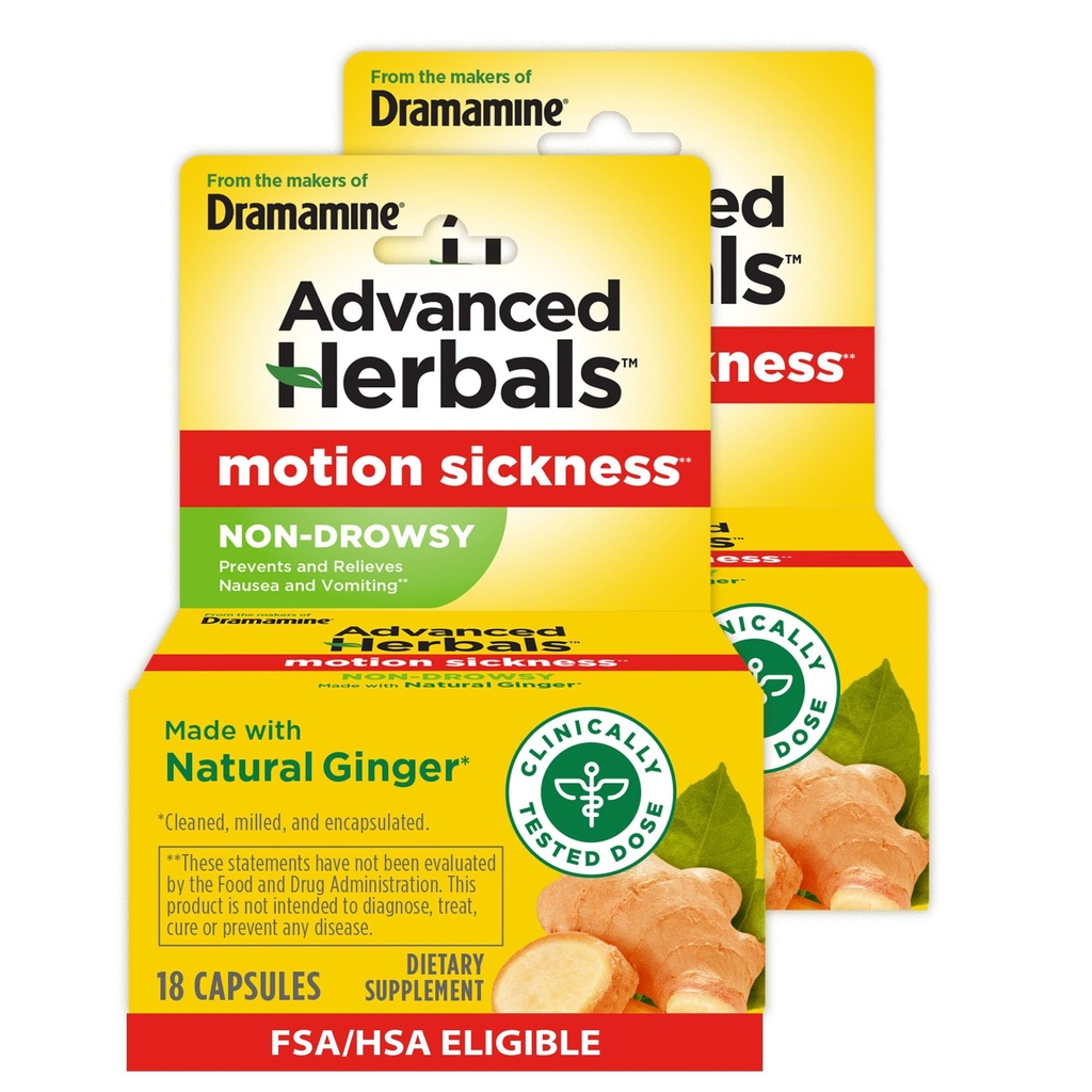 From the Makers of Dramamine, Advanced Herbals with Natural Ginger, for Nausea Relief, Morning Sickness Relief & Motion Sickness Relief During Travel, 18 Capsules, Pack of 2