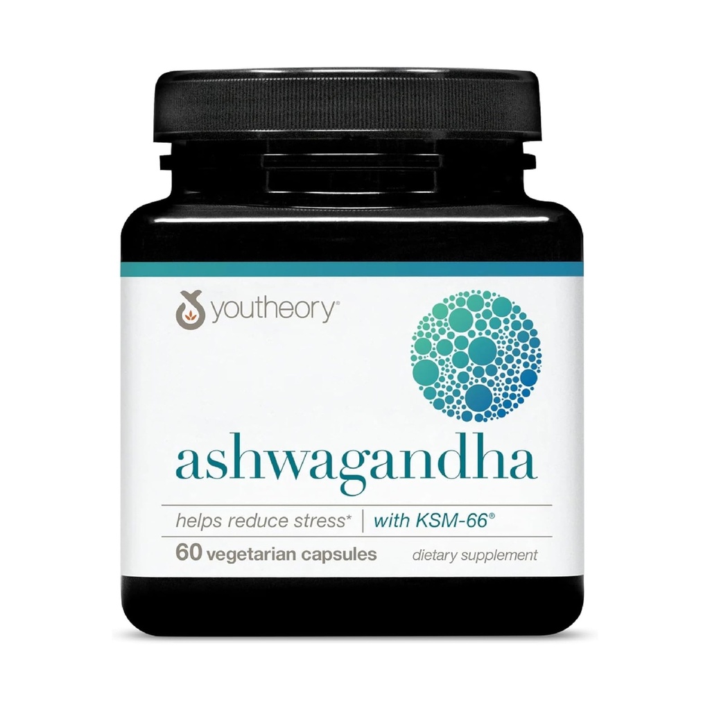Youtheory Ashwagandha - 1000 mg - Supplément de soutien pour l'énergie, le sommeil, le stress et le cortisol - Mélange à base de plantes adaptogènes avec KSM-66 Ashwagandha & Ginger - 60 capsules végétariennes (30 jours d'approvisionnement)