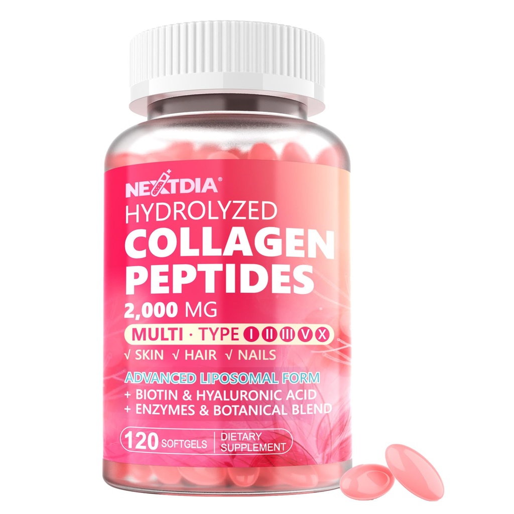 Hydrolysierte Collagen Peptide Pillen für Frauen 2000mg Liposomal Form Typ I, II, III, V, X für optimale Absorption, Multi Collagen Softgels, Collagen Ergänzungen mit Haar, Haut & Nails Vitamine 120 Cts