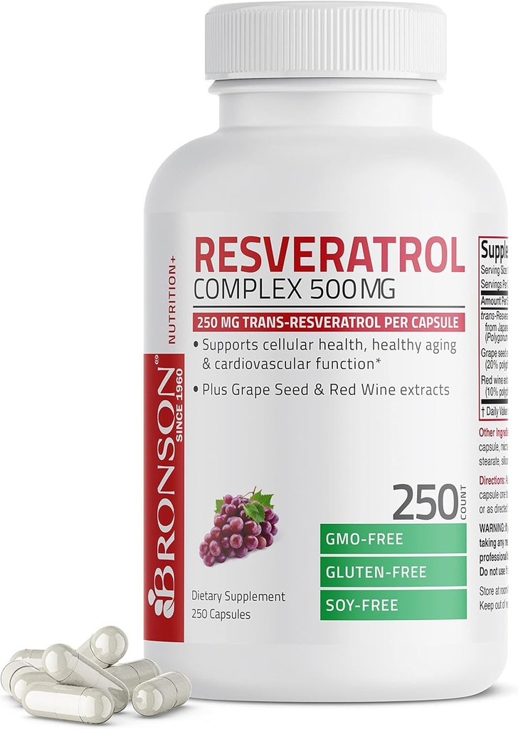 Bronson Resveratrol 500 Complexe Standardisé Trans-Resveratrol + Graine de raisin et extrait de vin rouge, 250 Capsules