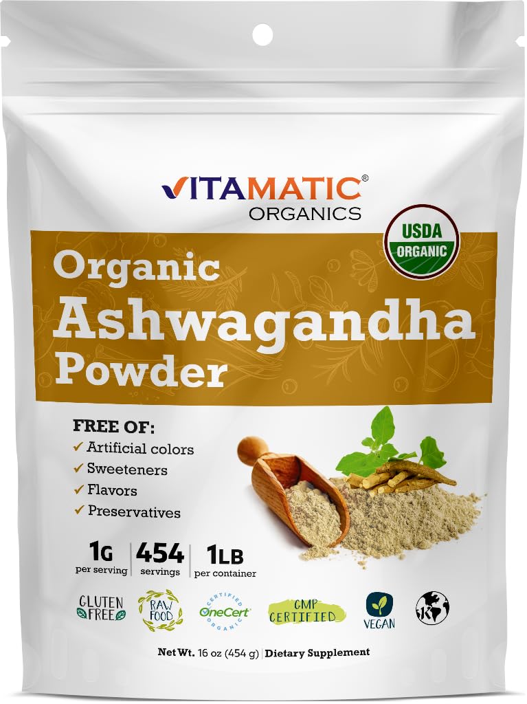 Vitamatic Certified USDA Organic Ashwagandha Powder – 1 lb (16 oz) Withania Somnifera | Ayurvedic Adaptogen for Stress Relief, Energy, Mood & Immun Support