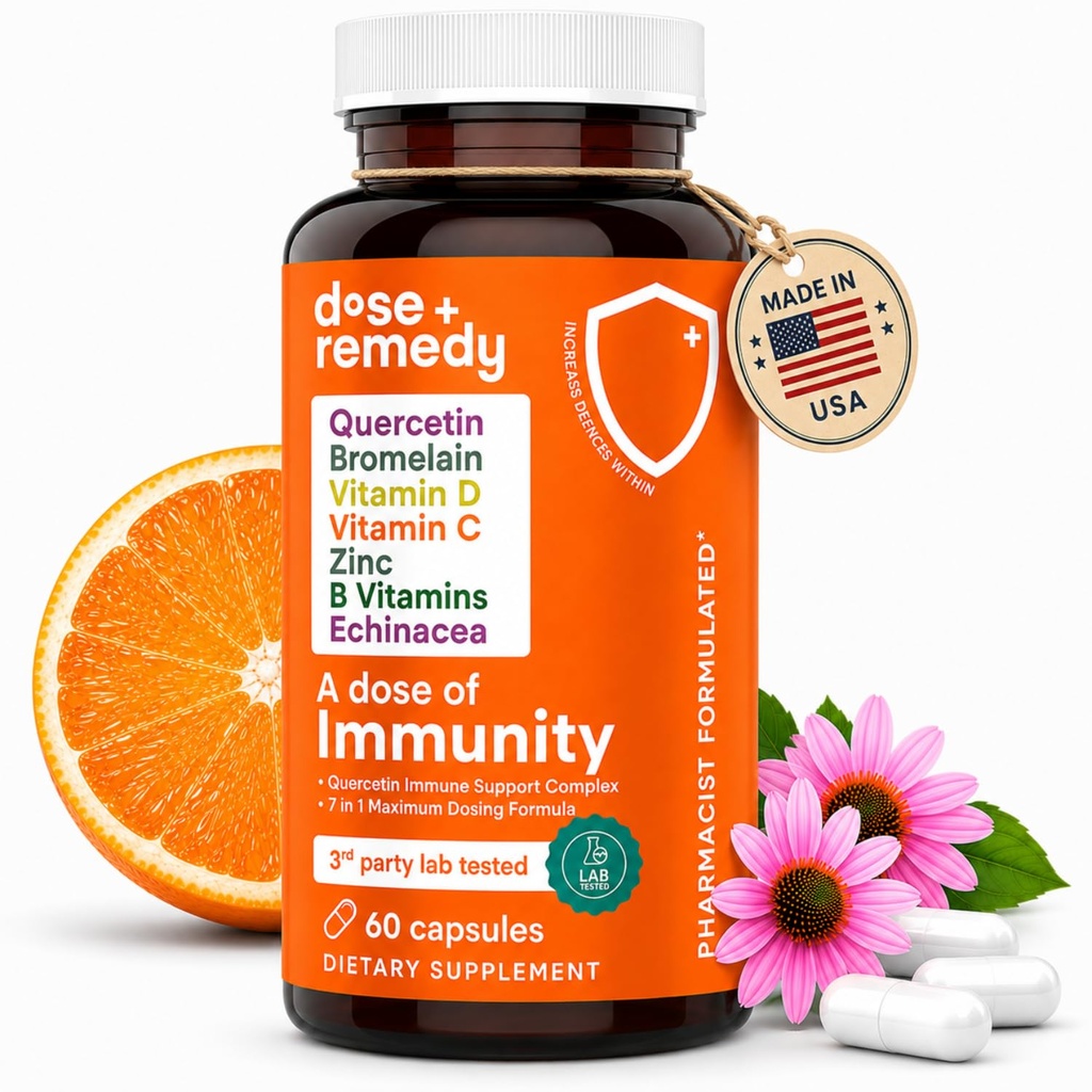 Eine Dosis Immunität Quercetin mit Vitamin C und Zink, Vitamin D, 500mg Quercetin Bromelain mit Echinacea & B Vitaminen, Lung Immununterstützungsergänzung 7 in 1 Immunabwehr Booster (60 Zähler)
