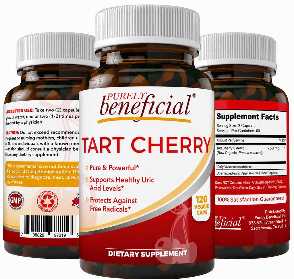 Gélules de cerises Tart Purely bénéfiques 6000 mg, Extrait de cerises Tart Montmorency extra-résistance, Flush Uric Acid pour le confort articulaire, antioxydants et immunosupport, non-OGM, sans gluten, 120 Compte