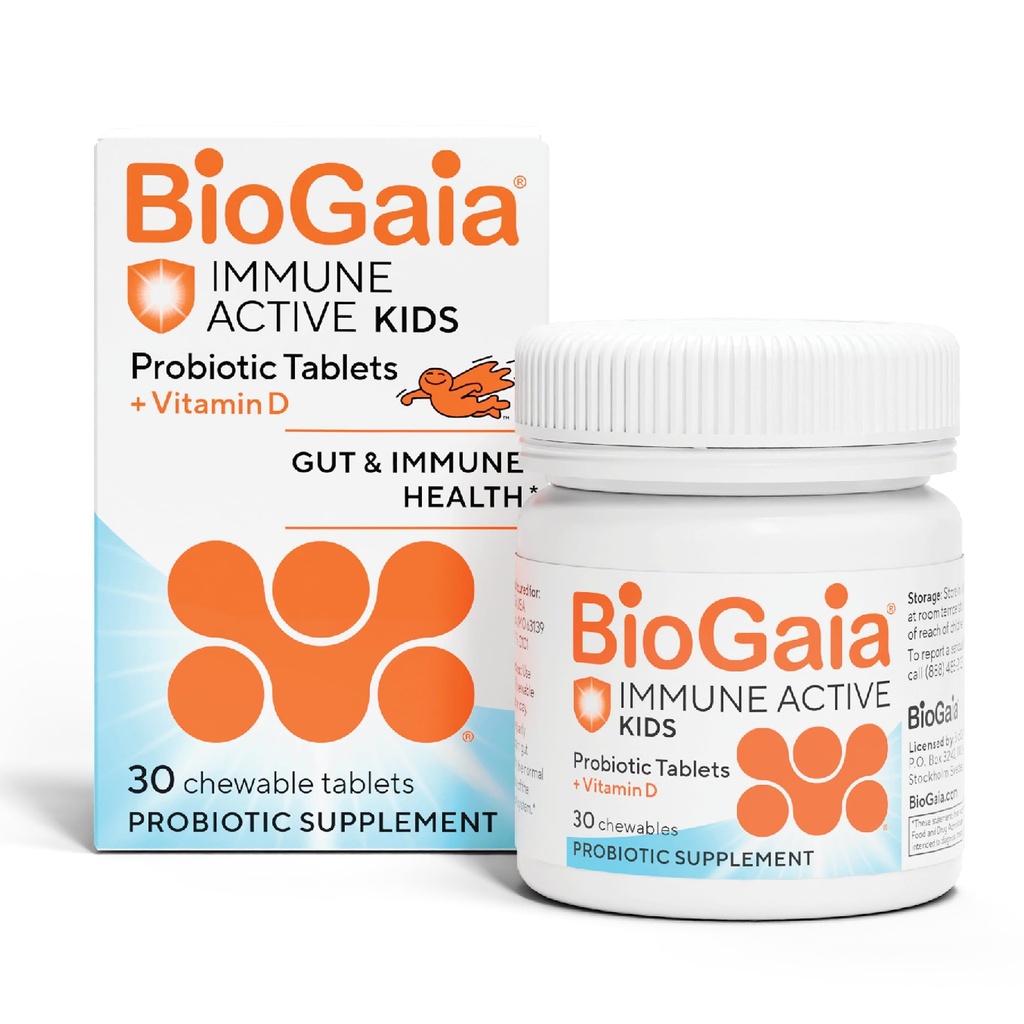 BioGaia Immune Active Kids | Probiotic + Vitamin D | für Verdauungs- und Immungesundheit | Alter 3+ | Allergen, Dairy, Soy & Gluten Free | Trusted by Pediatricians | 30 Day Supply | Orange Flavored Chewable