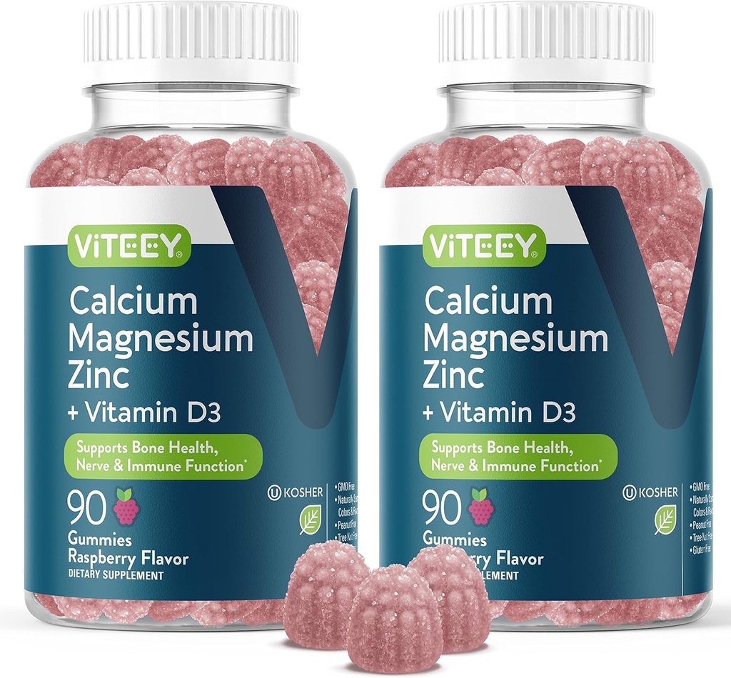 Viteey Calcium Magnesium Zink-Gummien mit Vitamin D3 - unterstützt Knochengesundheit, Nerve & Immunfunktion - Calcium Magnesium Zink D3 für Erwachsene & Jugendliche - GMO Free - Kaubare Himbeer-Flammen-Gummi