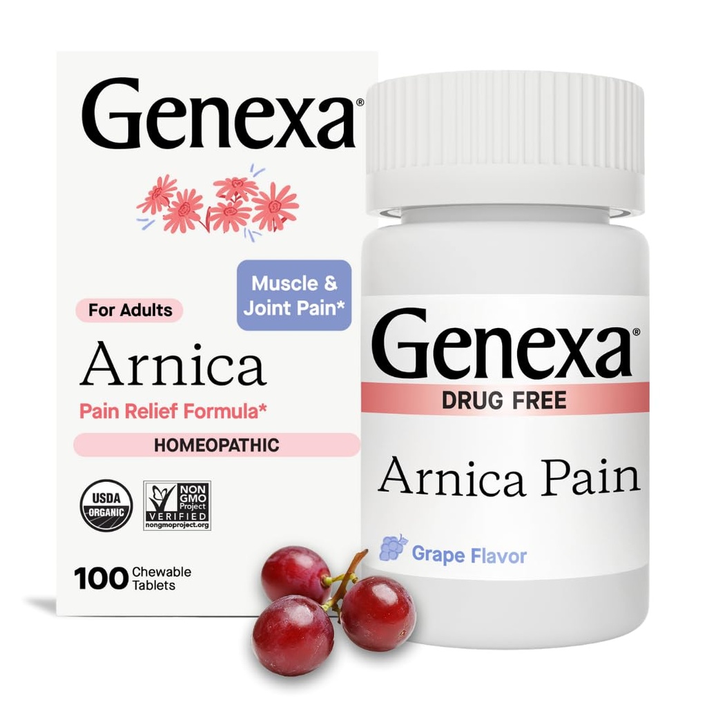 Genexa Arnica für Schmerzlinderung | Alleviate Muscle & Joint Pain, Soreness & Stiffness | Reduces Bruises & Swelling | Organic Grape Flavor | Homeopathic Remedy Made Clean | 100 Chewable Tablets