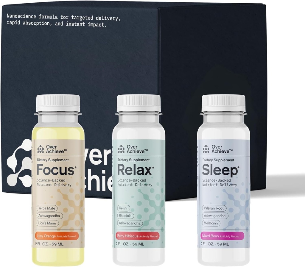 Ergänzung Variety Pack mit Advanced Nanoscience Technology, 12 Pack, Stress Calming Relax Drink, Schlafhilfe Getränk, Nootropic Brain Supplement Focus Getränk, 2 Unzen Shot