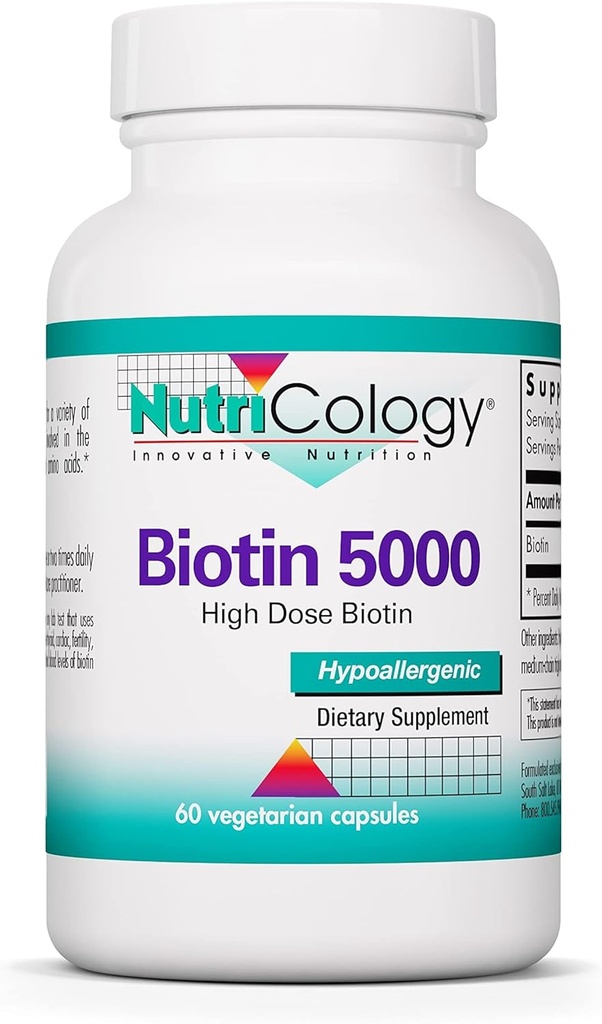 Nutricology Biotin 5000 Supplement - 5000mcg Biotin, Vitamine für Haare, Haut und Nägel, hohe Dosierung, vegetarische Kapseln, Allergiker, Glutenfrei - 60 Zähler