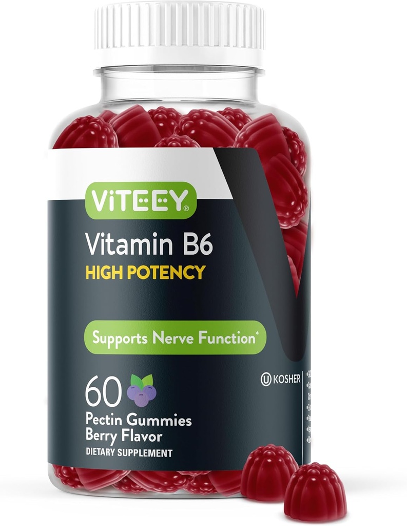 Viteey Vitamin B6 Gummies - Energy, Nerve & Mood Support - B6 Vitamins 100mg - Vegan, Gluten Free, GMO Free - 60 Count