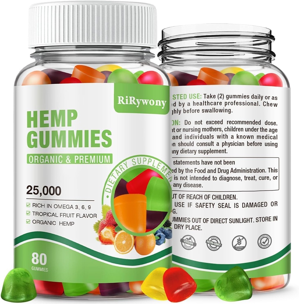 RiRywony Hanf-Gummien 1 Pack - Extra Stärke Natürliche Hanföl fruchtig Edibles Vegan Gummy - Organic High Potency Supplement für Non-GMO Low Sugar - 80 Count