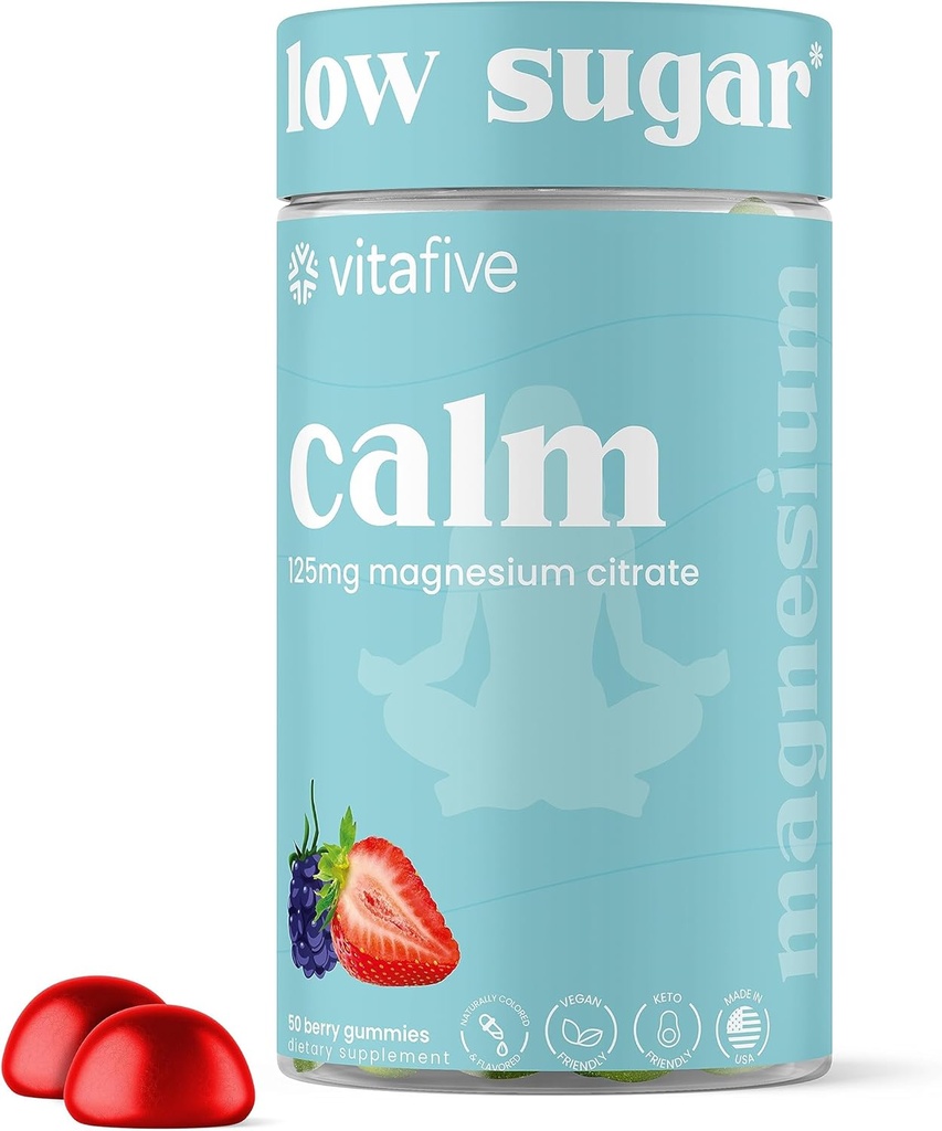 Vitafive Low Sugar Calm Magnesium Gummies, 125mg Magnesium Citrat, natürliche gemischte Berry Flavor, Vegan, Glutenfrei (50 Ct)