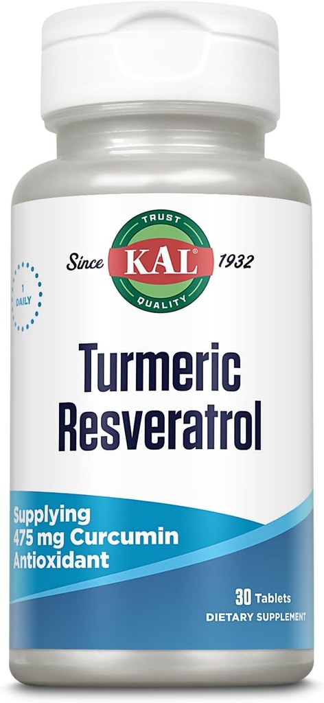 KAL Turmeric Resveratrol Supplement, Antioxidans Unterstützung, Versorgung 475 mg Kurkumin, Herzgesundheit und Gelenkgesundheit Unterstützung, schnelle Zersetzung, 60-Tage Garantie, 30 Servierungen, 30 Tabletten