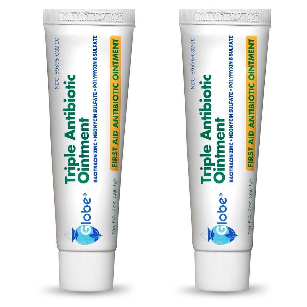 Onguent antibiotique triple Globe, 1 oz (2-paquets) Onguent antibiotique, protection contre les infections 24 heures sur 24, traitement des blessures pour les petites éraflures, brûlures et coupures