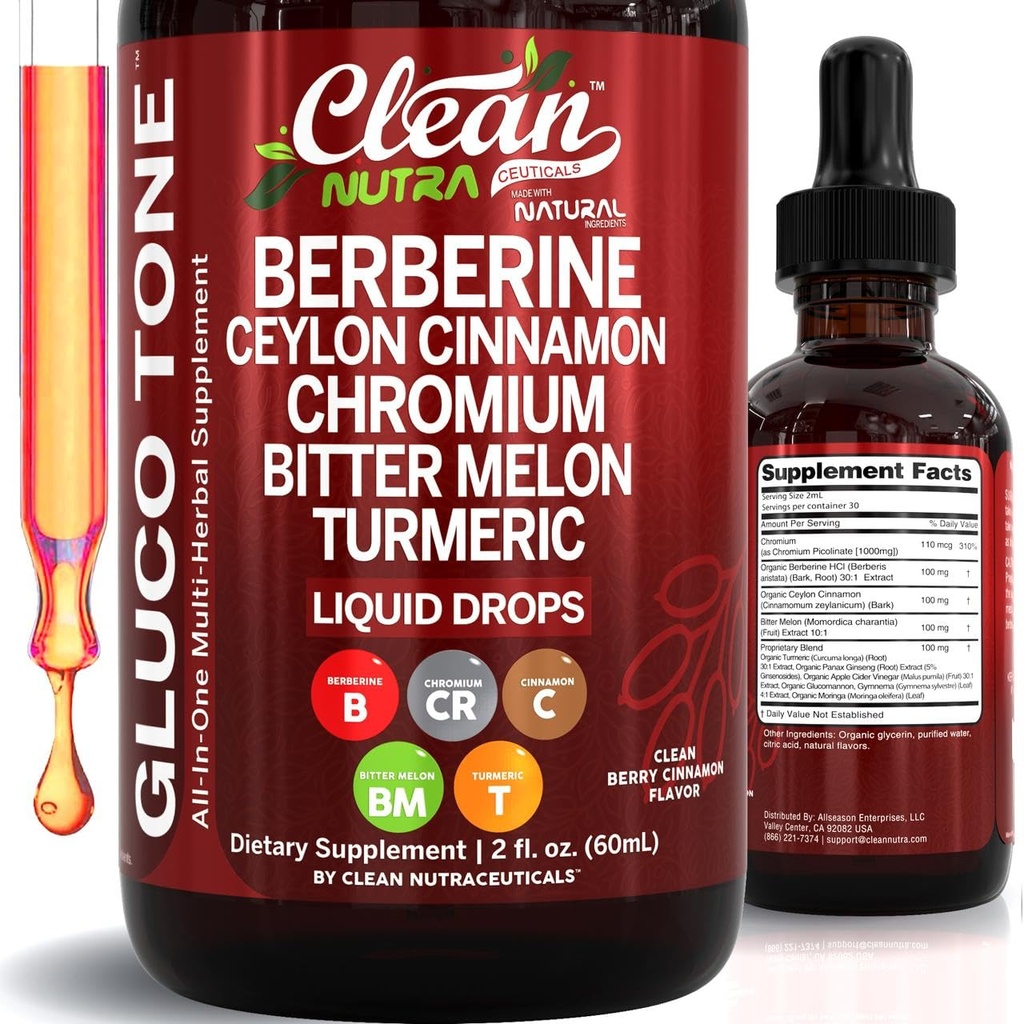Clean Nutra Berberine mit Ceylon Cinnamon Ergänzung flüssige Tropfen + Bitter Melon Extrakt, Glucomannan, Gymnema, Chrom, Turmeric, Organic Panax Ginseng, Moringa GLP-1 Unterstützung