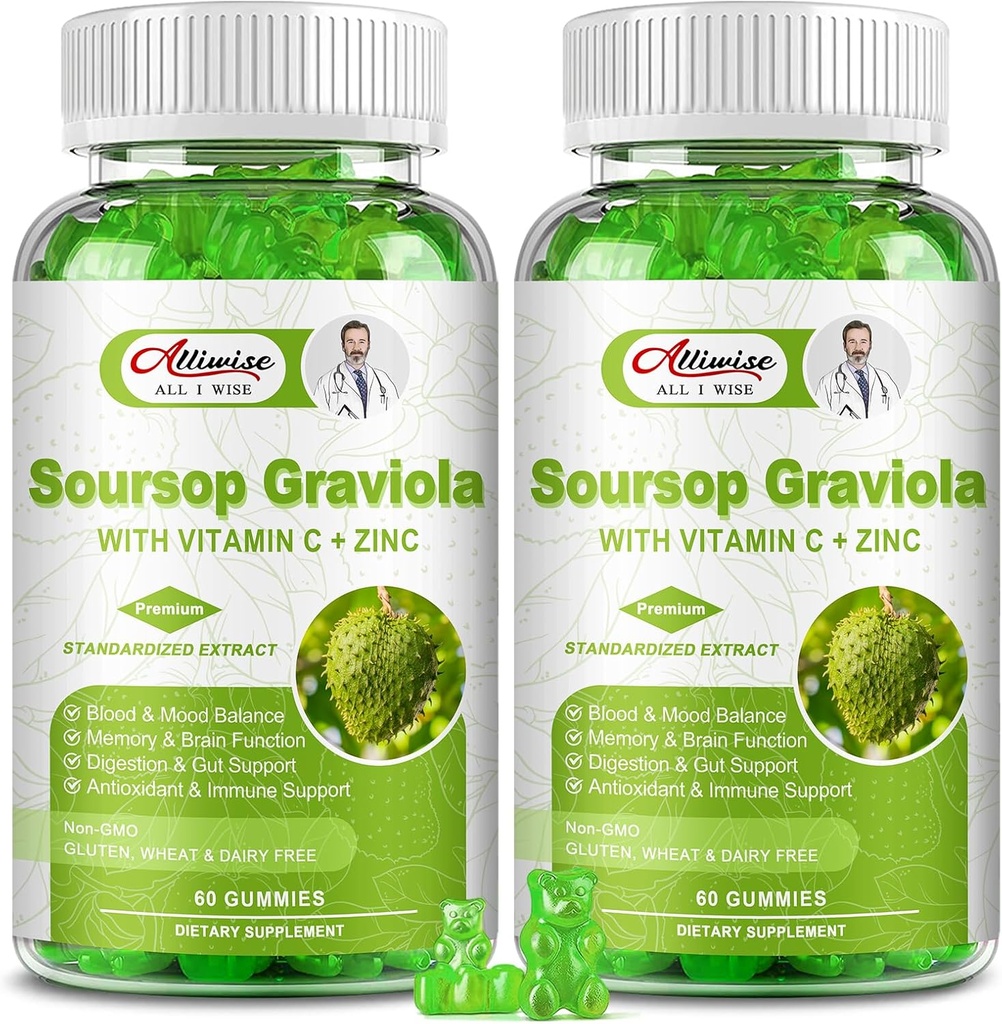 2 Pack Soursop Graviola Gummi-Ergänzung, Original Soursop Blätter Extrakt mit Vitaminen C & Zink für Frauen & Männer, Multivitamin Soursop Frucht Ergänzung für Immunität & Antioxidans & Energie