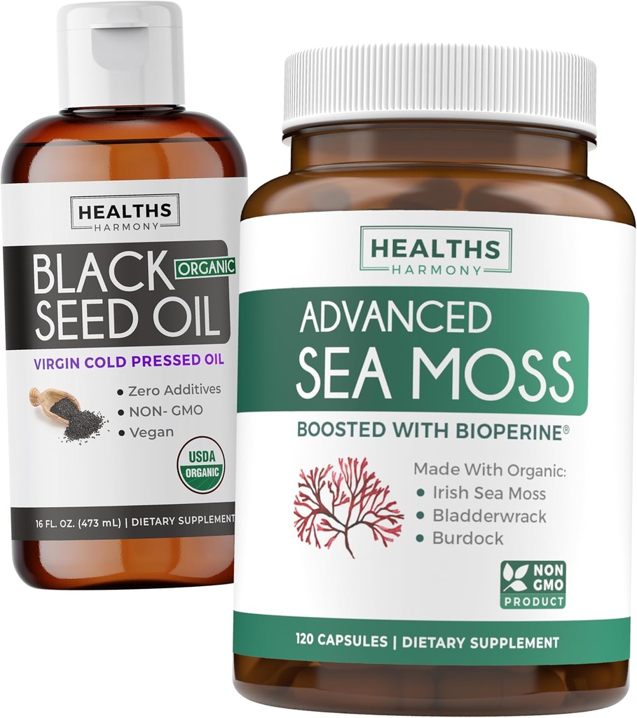 Huile de graines noires Liquid & Sea Moss (2-Meth Supply) Sea & Seed Fusion Bundle - Black Seed Oil Liquid (16fl.oz) Premium Clack Cumin Seed Oil & Organic Irish Sea Moss with BioPerine - Vegan