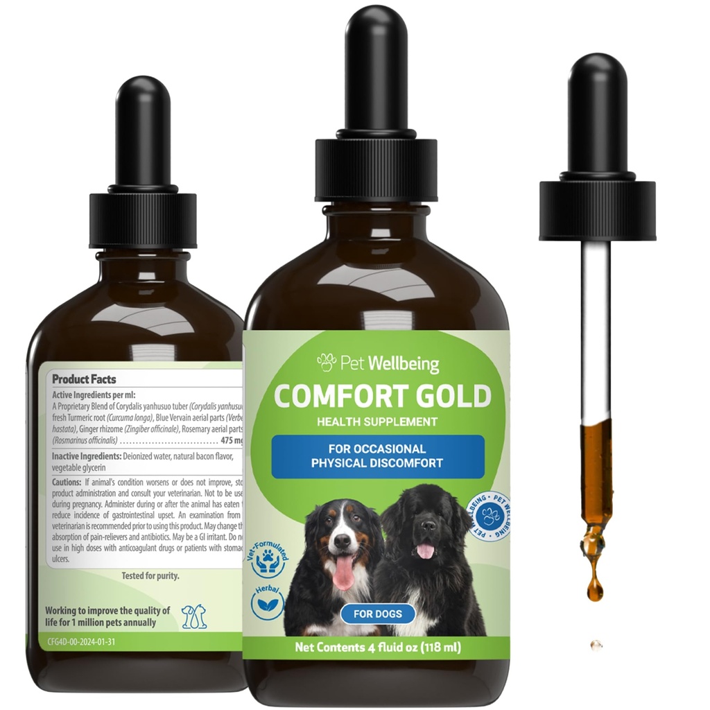 Animaux de compagnie Bien-être Confort Or pour chiens - Soutiens Canine Confort physique, Circulation saine, Corydalis, Turmeric - Vétérinaire-Formulé supplément à base de plantes 4 oz (118 ml)