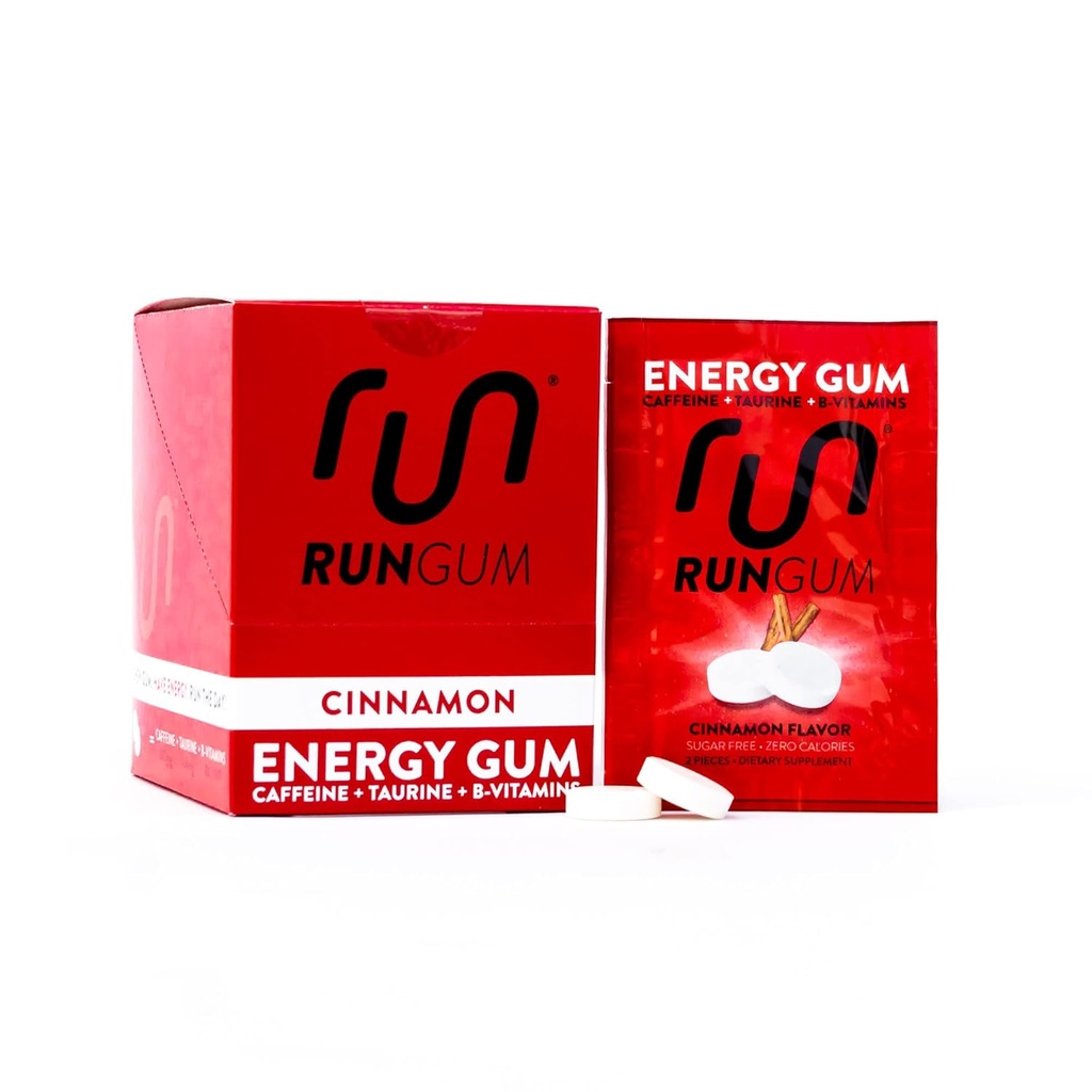 RUN GUM Cinnamon Energy Gum 50mg Koffein Taurine & B-Vitamine Per Piece, 24 Stück (Pack mit 12), 2 Stück = 1 Kaffee oder Energy Drink, Sugar Free, Zero Calorie
