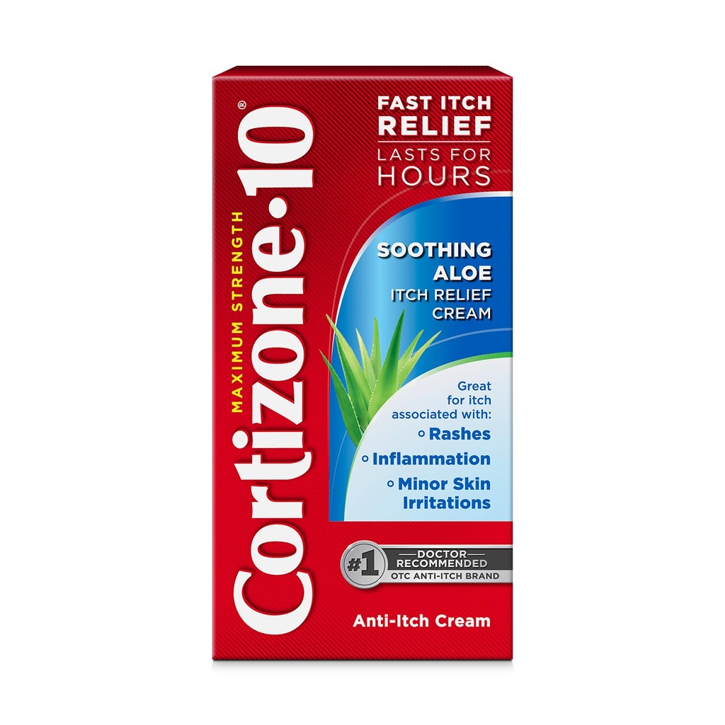 Cortizone-10 Strength Maximum Aloe Relief Cream, 1% Hydrocortisone, Fast-Acting, Crème anti-démangeaison pour Bug Bites, Rash, Eczema, Psoriasis, Poison Ivy, Chêne, Sumac et plus, 1 oz