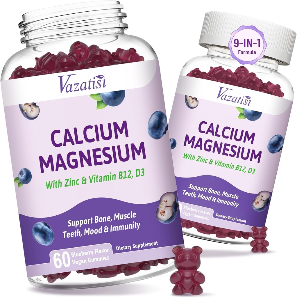 2 Pack Calcium Magnesium Zink-Gummien mit Vitamin D3 & B12, Zucker Kostenlose Calcium-Ergänzungen für Frauen, Vegan Blueberry Flavor